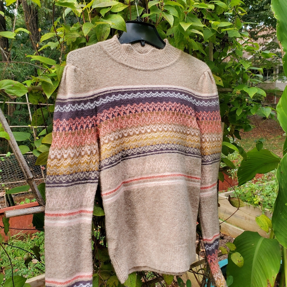 Anthropologie Ett:Twa Fargo Fair Isle Sweater Alpaca Blend Mock Neck Striped Tan - Picture 11 of 13